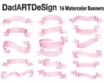 Pink Watercolor Ribbon Banners, hand drawn, 16 PNG HiRes files ready to use