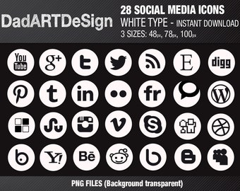 28 SOCIAL MEDIA icons set, White - Instant Download - 3 sizes