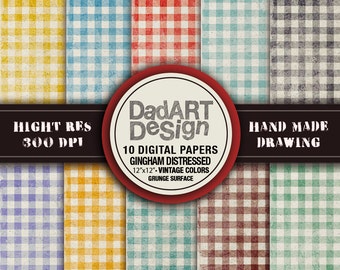 Retro gingham Patterns digital paper, vintage grunge distressed colors and surface - 10 Sheets - wallpaper -