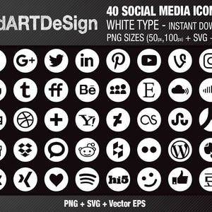 40 SOCIAL MEDIA icons set round white Instant Download image 1