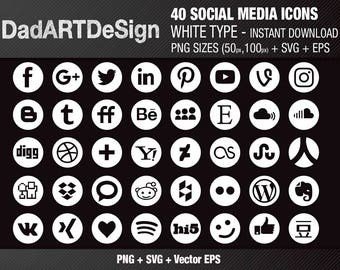 40 SOCIAL MEDIA icons set - round white - Instant Download