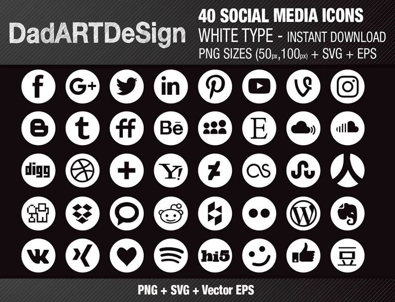 40 SOCIAL MEDIA icons set round white Instant Download image 1