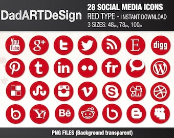 28 SOCIAL MEDIA icons set, Red - Instant Download - 3 sizes