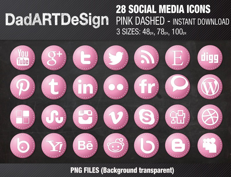 28 SOCIAL MEDIA icons set, Pink Instant Download 3 sizes image 1