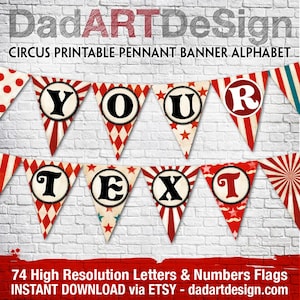 Alfabeto de banner de banderín imprimible Circus Vintage - descarga instantánea de archivos de alta resolución de 74 letras y números