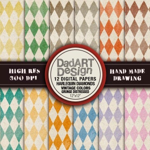 Retro Diamanten Harlekin Muster digitales Papier - Vintage Grunge beunruhigt Farben und Oberflächen - 12 Blatt - Tapete -