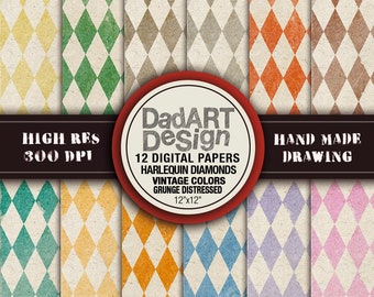 Retro Diamonds Harlequin Patterns digital paper - vintage grunge distressed colors and surfaces - 12 Sheets - wallpaper -