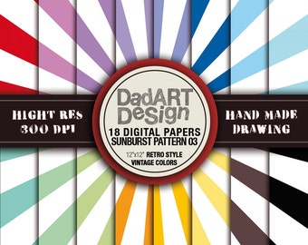 Retro SunBurst Ray Patterns digital paper 03 - 18 Sheets - wallpaper