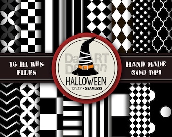 Halloween Patterns Digital Paper Pack Black and White 16 sheets printable for Halloween party craft, scrapbook, papergoods, papercraft