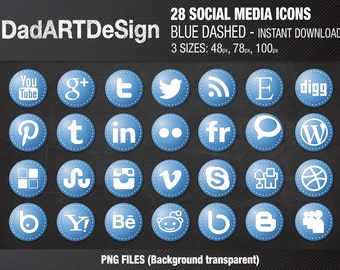 28 SOCIAL MEDIA icons set, Blue dashed - Instant Download - 3 sizes