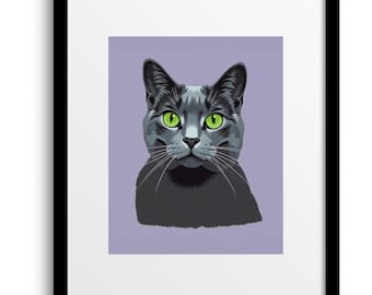 Grey cat pop-art print | green eyed cat wall art | gifts for cat lovers | Siamese cat art print | Russian blue cat poster | UNFRAMED