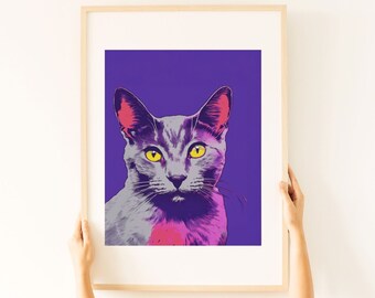 灰色の猫のポップアート 印刷可能な壁アート | 紫色の猫のポスター