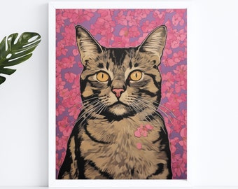 Cat pop art arte da parete STAMPABILE / opera d'arte felina stampa gatto / poster gatto floreale rosa / file digitale stampabile / DOWNLOAD IMMEDIATO