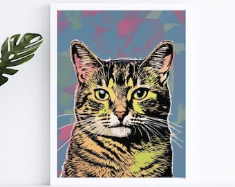 Tabby cat pop-art print | cat wall art | cat home decor | gifts for cat lovers | striped cat digital painting | 90s cat poster | UNFRAMED