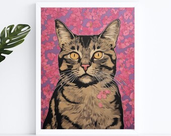 Impression pop art chat | art mural chat | oeuvre d'art féline | pop art coloré | décoration de chat | chat floral rose et violet | SANS CADRE