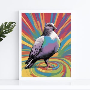 Impresión de arte pop de paloma / impresión de paloma de remolino de arco iris / cartel de pájaro de arte pop / decoración del hogar de aves / arte de la pared de paloma / UNFRAMED