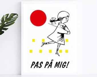 Lámina artística danesa / Letrero de calle "Pas pa mig!" con niños jugando / Arte minimalista escandinavo / Póster de viaje a Copenhague, Dinamarca / SIN MARCO