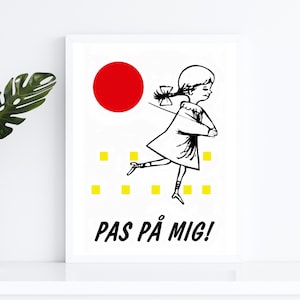Dänischer Kunstdruck | "Pas pa mig!" spielende Kinder Straßenschild | Skandinavische minimalistische Kunst | Kopenhagen, Dänemark Reiseplakat | Ohne Rahmen