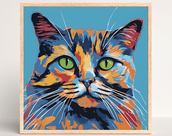 Pop-art cat art print | Blue orange cat wall art | cat home decor | long haired cat art print | cat poster | UNFRAMED