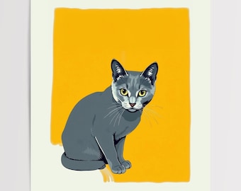 Grey cat pop art PRINTABLE wall art | yellow gray cat poster | grey cat art print | gifts for cat lovers | digital file INSTANT DOWNLOAD