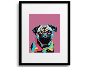 May include: A framed pop art print featuring a colorful pug dog portrait. The pug's face is rendered in vibrant hues of blue, pink, yellow, and black against a mauve background. The artwork is encased in a black frame.