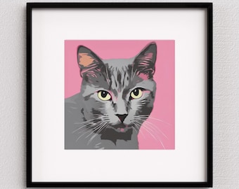 Grey cat pop art PRINTABLE wall art | pink cat poster | Siamese or Russian blue cat art print | printable digital file | INSTANT DOWNLOAD