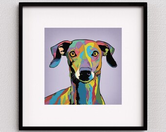 May include: A colorful pop art illustration of a dog with a purple, yellow, green, blue, and red color scheme. The dog has a black nose and brown eyes.