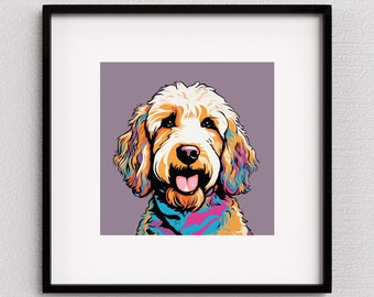 May include: A colorful illustration of a golden doodle dog with a pink, blue, and turquoise bandana. The dog is looking directly at the viewer with its tongue sticking out.