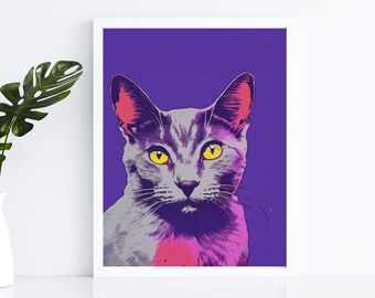 Grey cat pop art PRINTABLE wall art | purple cat poster | Siamese or Russian blue cat art print | printable digital file | INSTANT DOWNLOAD
