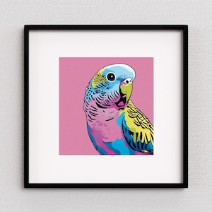 Impresión artística de periquito / arte de pared de pájaros de arte pop / obra de arte de periquito / decoración de guardería de pájaros / póster de pájaro azul rosa / regalos para amantes de los pájaros / SIN MARCO