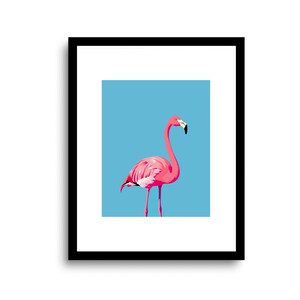 Impresión artística de flamenco moderno sobre fondo azul / Póster de flamenco / Arte mural de flamenco pop art / Regalo para amantes de las aves / Ilustración de aves / SIN MARCO