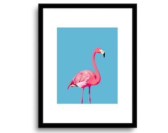 Impresión artística de flamenco moderno sobre fondo azul / Póster de flamenco / Arte mural de flamenco pop art / Regalo para amantes de las aves / Ilustración de aves / SIN MARCO