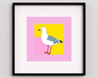 Möwe Kunstdruck | Pop Art Möwe Wandbild | Geschenke für Vogelfreunde | Vogel Strand Haus Dekor | rosa & gelbe Möwe Poster | Ohne Rahmen