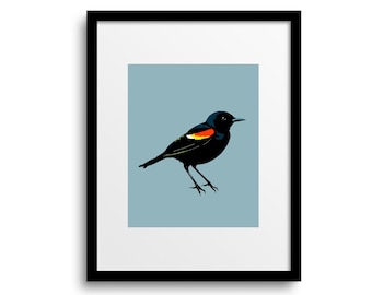 Impression d'art sur le merle à épaulettes | art mural merle | pop art oiseau noir | affiche d'oiseau noir à épaulettes rouges | cadeaux pour les amateurs d'oiseaux | SANS CADRE