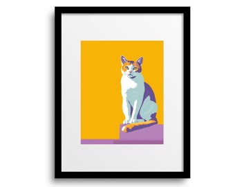 ホワイトオレンジの猫のアートプリント | ポップアートの猫 | 猫の壁アート | 猫好きの方へのギフト | 猫のイラスト | 猫のポスター | 猫の室内装飾 | フレームなし