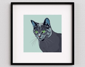 Grey cat PRINTABLE wall art | pop art cat illustration | grey cat art print | green eyed cat poster | digital file | INSTANT DOWNLOAD