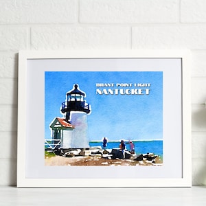 Nantucket lighthouse watercolor print | Brant Point Light wall art | New England travel print | Nantucket home decor | lighthouse painting