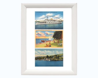 Lake Winnipesaukee vintage postcard art print | NH travel print | Lake Winnipesaukee gifts | lake house decor | framed or unframed 8x10in