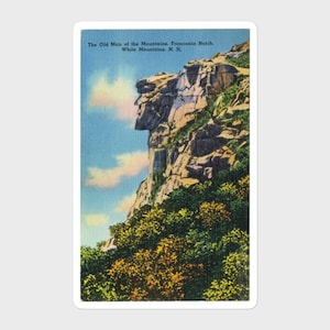 Adesivo Old Man of the Mountain | Design de cartão postal vintage White Mountains do ícone de New Hampshire | Adesivo de vinil resistente à água | 5,5 x 3,5 pol.