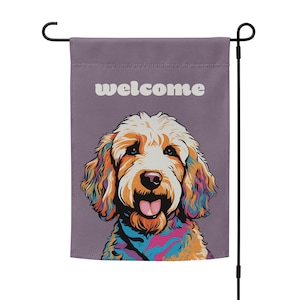Goldendoodle welcome flag | dog welcome garden flag | golden doodle yard flag | indoor/outdoor porch decor wall hanging | pole not included