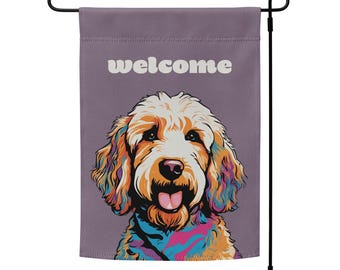 Goldendoodle Willkommensfahne | Hund Willkommen Gartenfahne | golden Doodle Yardfahne | Innen- / Außenbereich Veranda Dekor Wandbehang | Stange nicht enthalten
