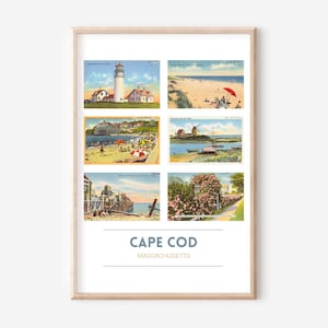 Poster di cartolina d'epoca di Cape Cod, MA / Stampa di viaggio di Cape Cod / Stampa artistica del Massachusetts / Decorazione per case sulla spiaggia / Regali di Cape Cod / Cornice facoltativa