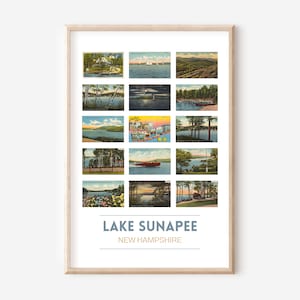 Affiche de carte postale vintage de Lake Sunapee, NH | Impression de voyage Sunapee New Hampshire | Cartes postales NH | Impression d'art du lac Sunapee | SANS CADRE