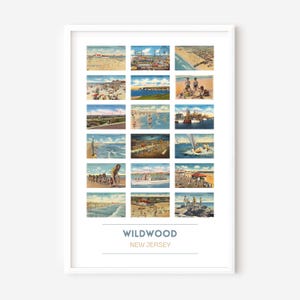 Puede incluir: Un collage de postales vintage con 18 im&aacute;genes diferentes del paseo mar&iacute;timo y la playa de Wildwood, Nueva Jersey. Las im&aacute;genes muestran la playa, el paseo mar&iacute;timo, la noria y personas disfrutando del verano.