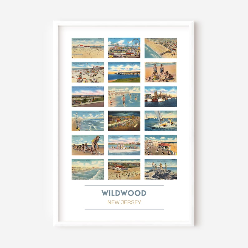 Puede incluir: Un collage de postales vintage con 18 im&aacute;genes diferentes del paseo mar&iacute;timo y la playa de Wildwood, Nueva Jersey. Las im&aacute;genes muestran la playa, el paseo mar&iacute;timo, la noria y personas disfrutando del verano.