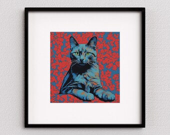 Cat pop-art print | cat wall art | feline artwork | gifts for cat lovers | cat home decor | blue and red floral cat poster | UNFRAMED