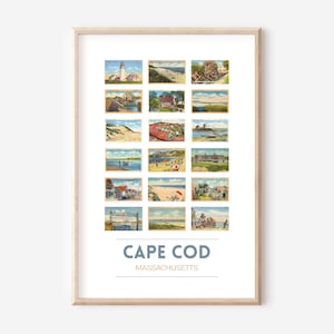 Manifesto di cartolina d'epoca di Cape Cod, MA / Stampa di viaggio di Cape Cod / Cartoline del Massachusetts / Stampa artistica regalo di Cape Cod / Cornice opzionale