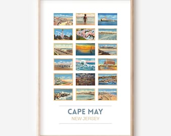 Może przedstawiać: Kolaż w stylu vintage z 18 pocztówek przedstawiających różne sceny z Cape May w New Jersey. Pocztówki przedstawiają obrazy plaży, oceanu, promenady i innych punktów orientacyjnych. Tekst "CAPE MAY NEW JERSEY" jest wydrukowany na dole kolażu.