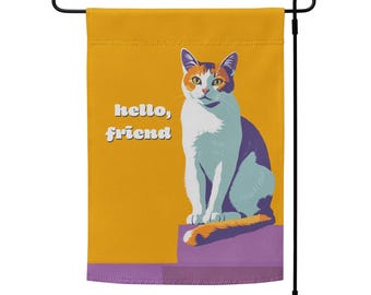 Modern cat welcome flag | "hello, friend" yellow cat garden flag | double-sided indoor/outdoor cat porch decor or banner | pole not included