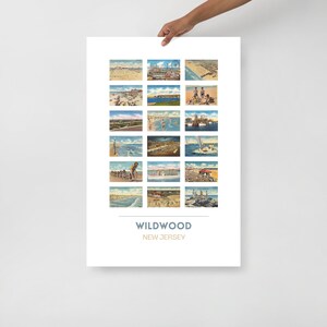 Puede incluir: Un collage de postales vintage con 16 im&aacute;genes diferentes de la playa de Wildwood, Nueva Jersey. Las im&aacute;genes muestran la playa, el paseo mar&iacute;timo y el oc&eacute;ano. El texto "WILDWOOD NEW JERSEY" est&aacute; impreso en la parte inferior del collage.